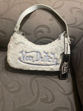 Von Dutch White Faux Fur Mini Bag with Light Blue Logo Embroidery